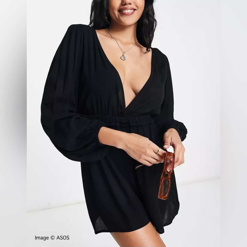 100% Viscose Plunge Neck Black Swimsuit Coverup
